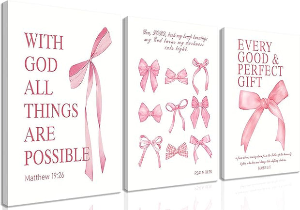 Pink Bow Canvas Wall Art Set of 3, Pink Coquette Dorm Room Wall Decor Paintings, Inspirational Scripture Verses Bows Posters Prints Pictures for Girls Dorm Room Bathroom Bedroom 12x16 Inch Framed