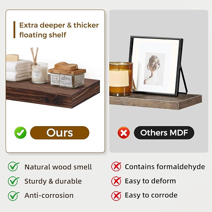 48x6.8x2in Floating Shelf – Natural Brown Solid Wood Rustic Mounted Shelf – Heavy Duty Decorative Storage for Living Room, Kitchen, Bathroom, Bedroom