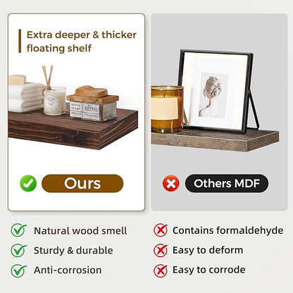 48x6.8x2in Floating Shelf – Natural Brown Solid Wood Rustic Mounted Shelf – Heavy Duty Decorative Storage for Living Room, Kitchen, Bathroom, Bedroom