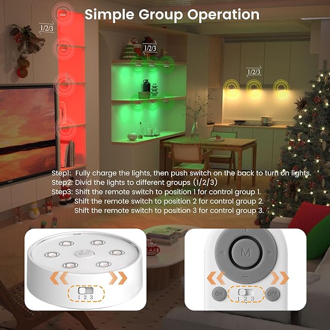 Onumii Rechargeable Under Cabinet Lighting Puck Lights with 2.4G Remote 2600mAh Sync and Groupable Color Changing Magnetic Stick on Tap Lights for Cabinet, Shelves, Display Case (6Pack White)