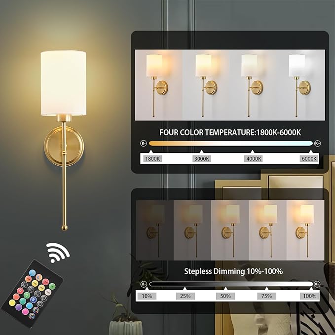 Battery Operated Wall Sconce Set of Two, Gold Wireless Rechargeable Wall Light with Remote Control, Dimmable, Amber/Warm/Natural/Cool White, RGB, Battery Power Sconces for Living Room Bedroom