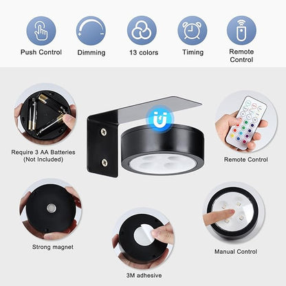 4-Pack Wireless Battery Operated Painting Light with Remote Control,13 Color RGB Magnetic Led Art Picture Lights for Wall, Dimmable and Timer Poster Light, Wall Decor Black Display Light
