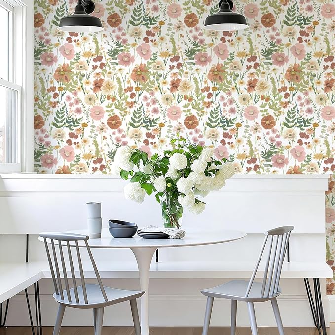 EchoSphere 16.9 in x118 in Peel and Stick Wallpaper Floral Self Adhesive Wallpaper Boho Floral and Leaf Contact Paper DIY Removable Wall Paper for Bedroom Livingroom Cabinets Decor Vinyl Roll