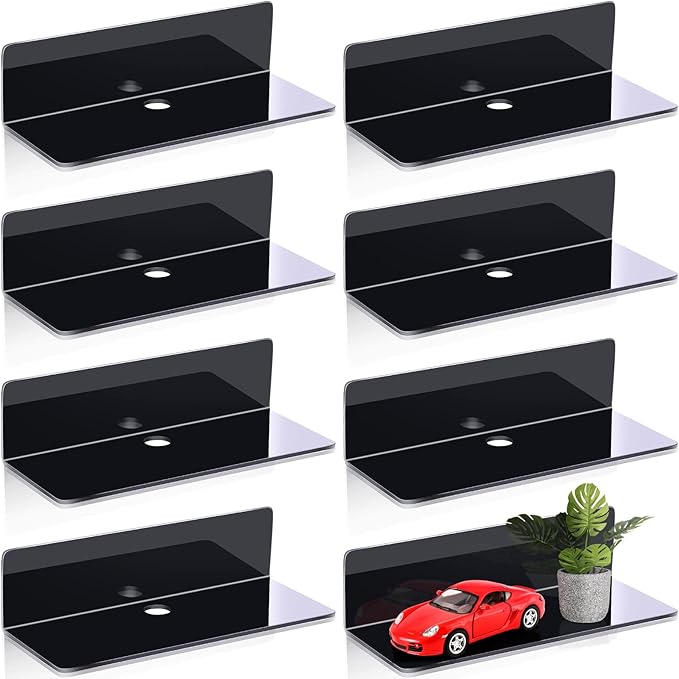 Maitys 8 Pcs Acrylic Floating Shelves 9 Inches Adhesive Wall Mounted Shelves No Drill Hanging Acrylic Wall Display for Living Room Bathroom Bedroom Kitchen Office(Black)