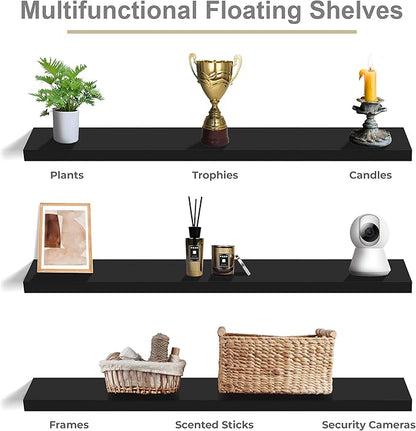 Sorbus Floating Shelves for Wall - 55 Inch Extra-Long Bathroom Shelves, Wall Decor for Bedroom, Kitchen, Living Room, Book Storage - Mounted Floating Shelf with Hidden Brackets (Black, 3 Pack)