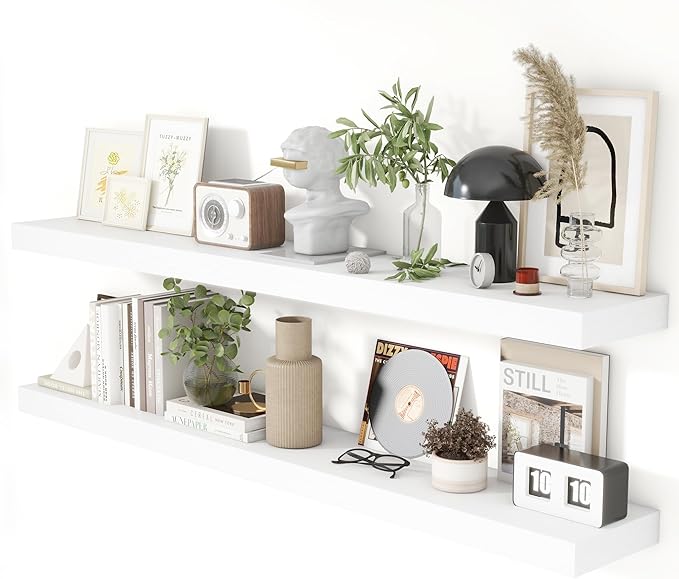 Heimlove 55 Inch Floating Shelves for Wall 8 Inch Deep White Shelves Set of 2,Wall Mounted Rustic Wood Long Floating Shelf，Large Extra Display & Storage Shelf with Invisible Brackets
