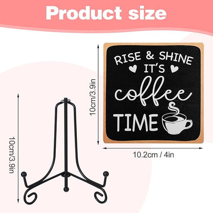 Coffee Bar Sign Decor 4"X 4" Rise & Shine It's Coffee Time Wooden Plaque for Home Kitchen Bar Tabletop Rustic Farmhouse Wood Cafe Signs with Stand for Cafe Corner Shelf Table Decorations