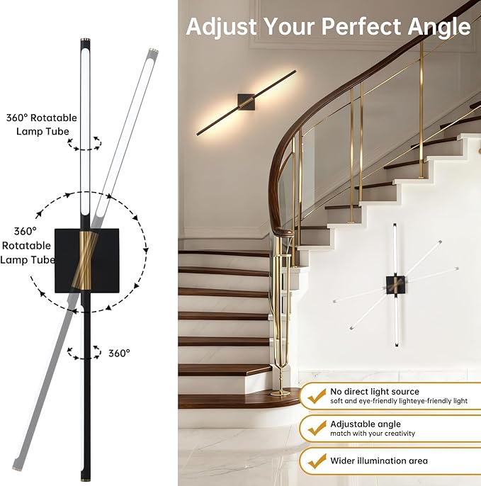 Battery Operated Wall Sconce Set of 2, 10400mAh Wireless Wall Sconces, 3000K-6000K Dimmable, 350°Rotate, Indoor Wall Lights with Remote for Bedroom Living Room Bathroom, Black Gold, 31.5 Inch