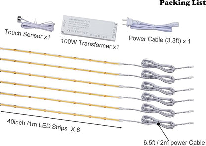 6 Pcs COB LED Strips Bright Dispaly Case Under Cabinet Light,Touch Sensor Dimmable LED, Bedrooms Bookshelf Wardrobes Cabinet Strip Lights (Warm White, 6 * 40inch LED Strips)