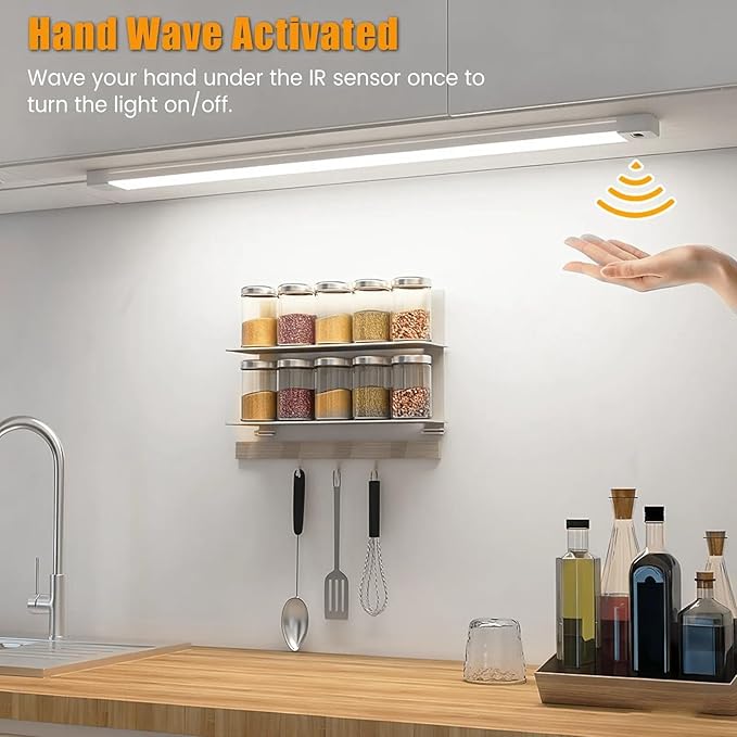 MYPLUS 24 Inch Under Cabinet Lights with Hand Wave, Under Counter Lighting 5000K Cold White,Dimmable,Plug and Play,LED Lights for Kitchen Cabinet, Cupboard, Closet, Desk