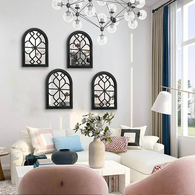 ZEXUIRU Set of 4 Arched Window Wall Mirror Rustic Farmhouse Accent Mirror Wood Framed Entry Wall Decoration for Living Room Bathroom Bedroom Kitchen