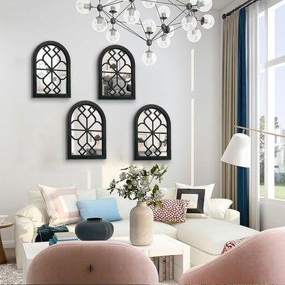 ZEXUIRU Set of 4 Arched Window Wall Mirror Rustic Farmhouse Accent Mirror Wood Framed Entry Wall Decoration for Living Room Bathroom Bedroom Kitchen