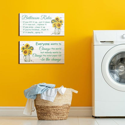 Jetec 2 Pieces Funny Bathroom Signs Bathroom Wall Decor Toilet Wall Accessories Farmhouse Toilet Rustic Wooden Signs, 12x6 Inch(Sunflower Style)