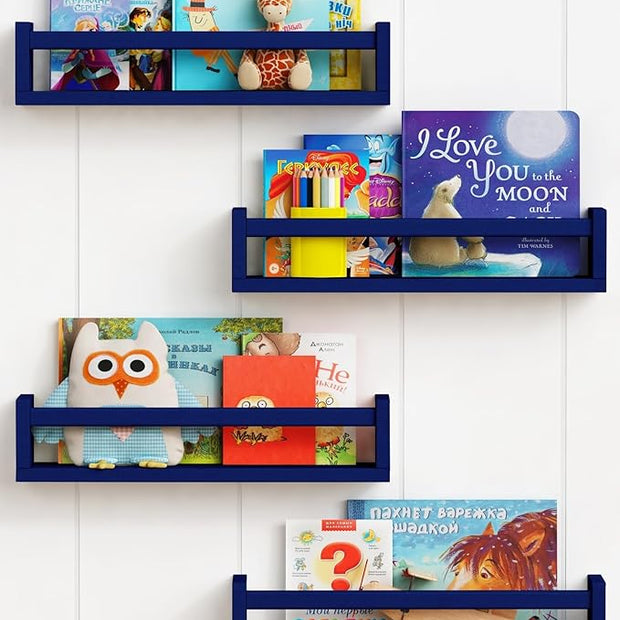 Forbena Navy Blue Floating Book Shelves for Nursery Boy, Decorative Wall Bookshelf for Kids Room, Small Wood Floating Shelves Wall Mounted for Boys Bedroom Bathroom (Set of 4, Blue)
