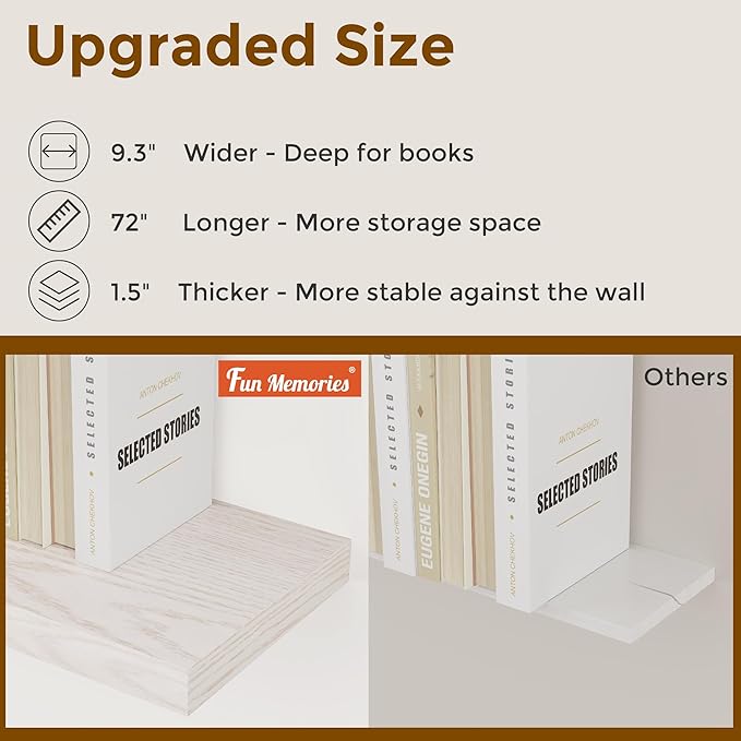 Fun Memories 72 Inch Long Floating Shelves for Wall, 72x9.3 Large Floating Shelf for Bedroom, Kitchen, Bathroom, Wall Mounted Rustic Wood Shelves with Invisible Bracket for Books, Decor, Brich