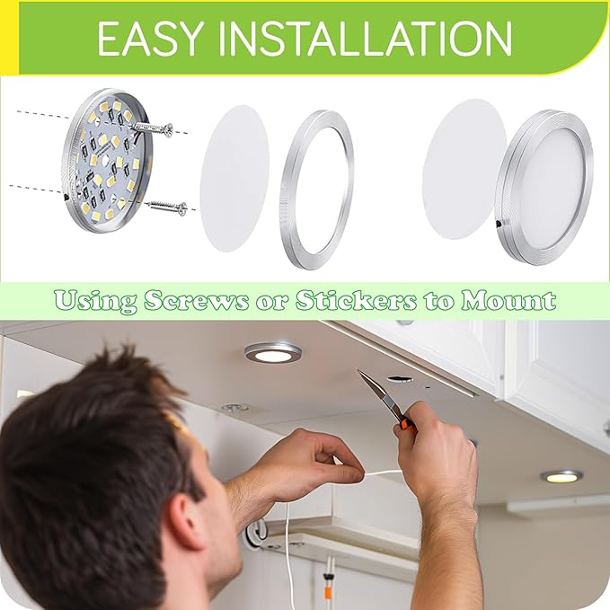 Under Cabinet Light 2.5 inch, Single LED Puck Light for Kitchen Counter Collection Display Lighting, Dimmer Switch, 120VAC Plug in, Black Cord, 2 Packs, Cool White