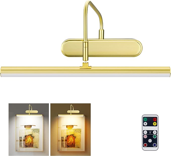 Picture Light,3AA Battery Art Lights for Paintings,Wireless Wall Lighting,Remote Control Accent Light with Timer and Dimmable for Frame,Portrait,Dartboard-Brass