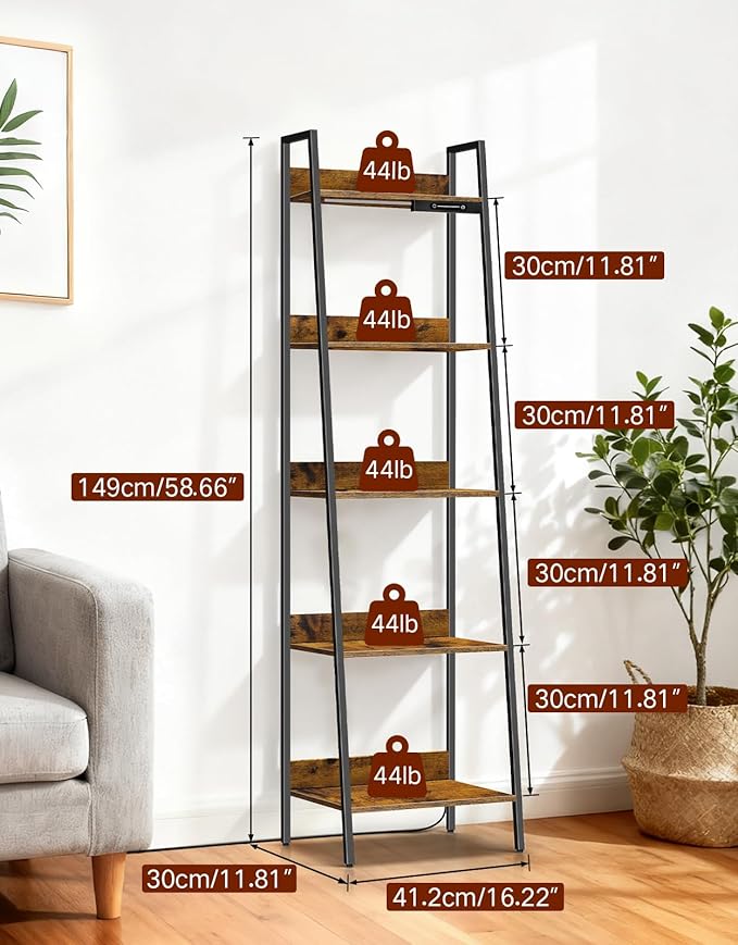 5-Tier Small Ladder Shelf with LED Lights, Touch & Remote Control, 3 Color Temperatures, Dimmable Tall Corner Standing Bookcase, Metal Wood Display Shelf for Living Room, Bedroom