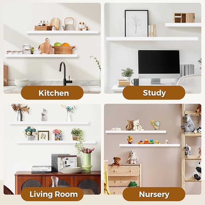 Muzilife 35.4 Inch Large Floating Shelves - Set of 2 Rustic Wood Floating Shelves - Wall Mounted Long Picture Ledge for Bathroom, Bedroom, Living Room, White, U Shape