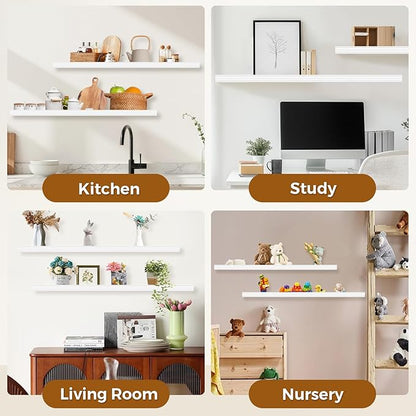 Muzilife 35.4 Inch Large Floating Shelves - Set of 2 Rustic Wood Floating Shelves - Wall Mounted Long Picture Ledge for Bathroom, Bedroom, Living Room, White, U Shape