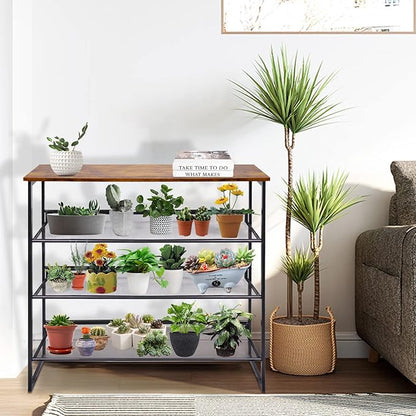 Garden 4 you Shoe Rack for Entryway 4 Tiers 11.8" D x 25" W x 28" H, Metal Shoe Rocks with Brown Wooden Tabletop, Angled Shoes Rack with Adjustable Mesh Shelves for Entryway Hallway Closet