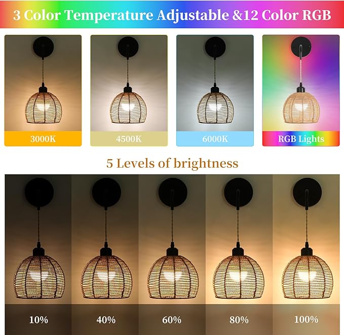 Boho Wall Sconce with Remote,Rattan Battery Operated Wall Sconces Set of 2,15 Colors Dimmable Wireless Wall Light Indoor,Rechargeable Battery Wall lamp for Bedroom, Living Room, Entryway