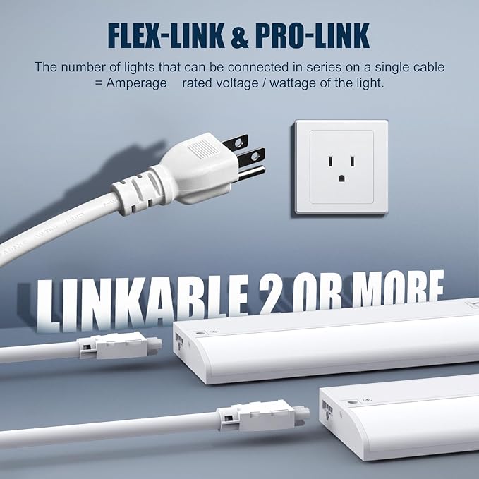 16" LED Under Cabinet Lighting Hardwired & Plug in, 3CCT Selectable (Warm White, Cool White and Daylight) Stepless Dimmable, Linkable with 2 Cords Under Counter Lights for Kitchen, CRI94, Matte White