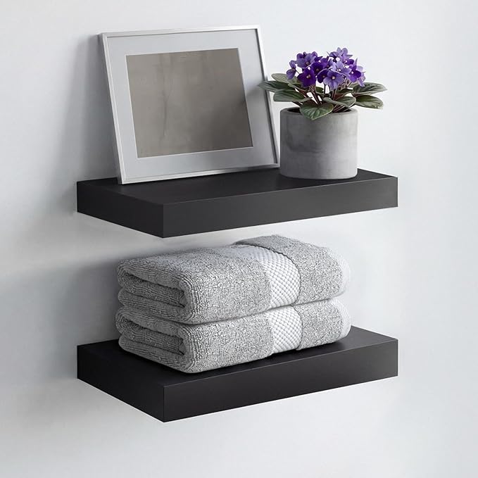 Homeforia Floating Shelf Black 12 inch, High End Solid Real Wood Small 12inch Floating Shelves for Wall Mounted, Black Wooden 12 in Floating Shelves, Heavy Duty Bracket, 12 X 6.5 X 1.75 inch, Set of 2