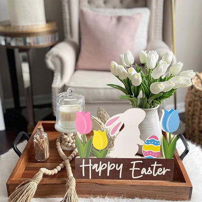 Wooden Bunny Easter Table Decorations Happy Easter Tulips Tiered Tray Decor Rustic Farmhouse Centerpiece Decor Decorative Mantle Tabletop Accent Home Office Wood Sign 6 Pcs Pink Yellow Blue White