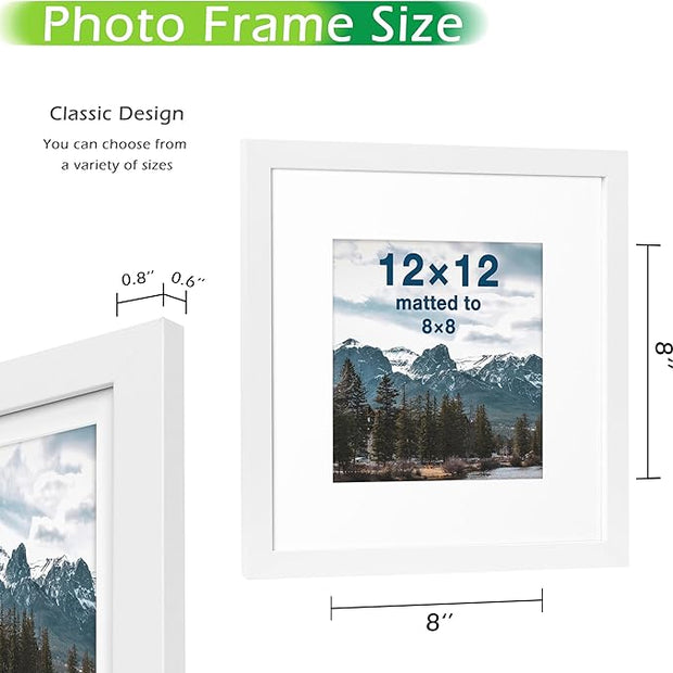 FrameWorks 2-Pack, 12x12 Matted to 8x8 Picture Frame, White – Classic Wooden Photo Frame with Tempered Glass, Modern Matte Finish for Prints, Posters, Certificates & Wall Decor – Gallery-Ready
