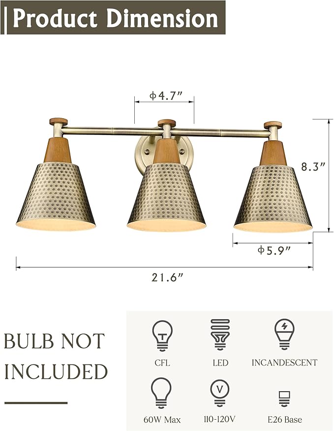 FEMILA Antique Gold Bathroom Vanity Light, 3-Lights Industrial Modern Wall Sconce Bathroom Lighting, Hammered Metal Shade Finish, 4FG59B-3W BG