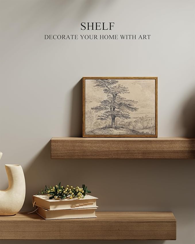 InSimSea Framed Canvas Print Art, Vintage Tree Sketch Landscape Painting, Rustic Farmhouse Cottage Decor for Hallway Wall Floating Shelf Desk Vanity Fireplace,10x8 in, Neutral Tones