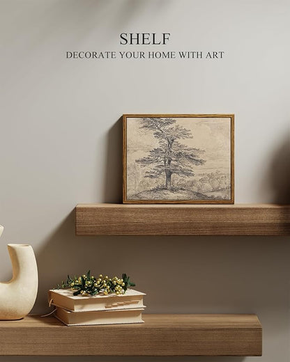 InSimSea Framed Canvas Print Art, Vintage Tree Sketch Landscape Painting, Rustic Farmhouse Cottage Decor for Hallway Wall Floating Shelf Desk Vanity Fireplace,10x8 in, Neutral Tones