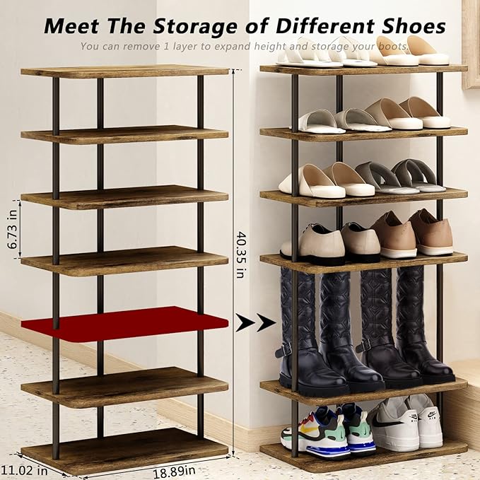 AZERPIAN Shoe Rack 7 Tier Vertical Storage Organizer Double Row Narrow Metal Slim Shelf Modern Free Standing Shoe Tower Saving Space for Closet Entryway Bedroom,Black+Rustic Brown