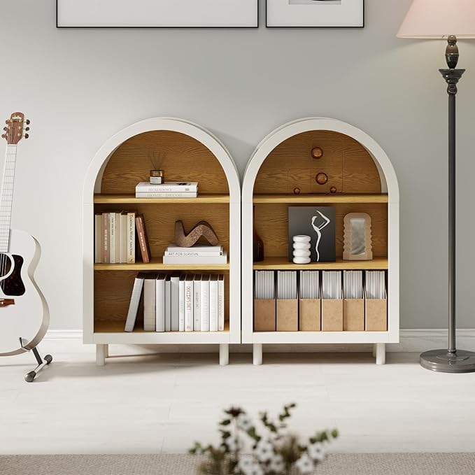 3-Tier Arched Bookcase,Modern Low Short Bookshelf,Small Wood Open Display Shelf,Arched Storage Cabinet for Living Room,Bedroom,Home Office,White