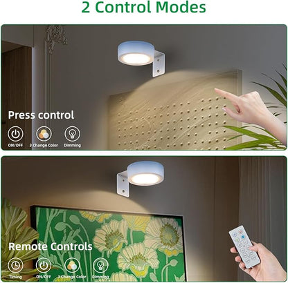 2 Pack Wireless Picture Lights for Wall, Magnetic White Rechargeable Picture Light Battery Operated with Remote 3 Lighting Modes Painting Light for Art Display, Battery Wall Lights for Photo Gallery