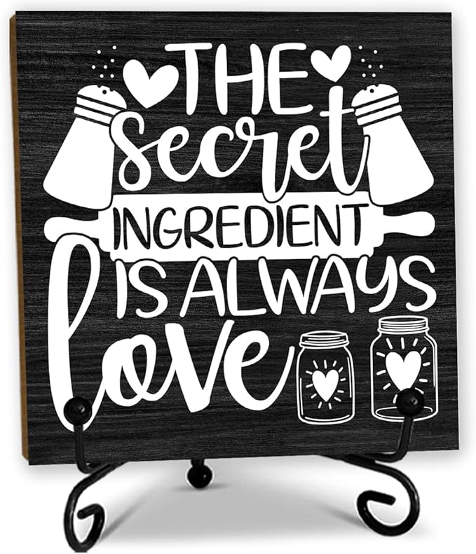 5'' Rustic Kitchen Wooden Sign With Metal Stand - The Secret Ingredient Is Always Love - Wooden Plaque Tabletop Decor Gifts For Friends Family Coworkers - Home Desk Kitchen Decor & Supplies - B01