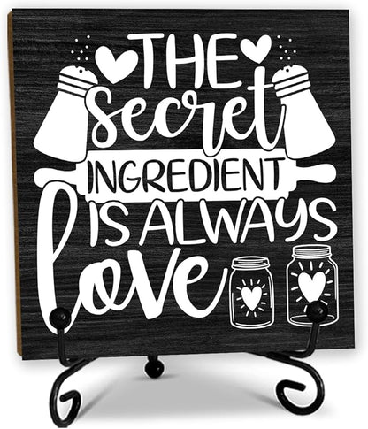 5'' Rustic Kitchen Wooden Sign With Metal Stand - The Secret Ingredient Is Always Love - Wooden Plaque Tabletop Decor Gifts For Friends Family Coworkers - Home Desk Kitchen Decor & Supplies - B01