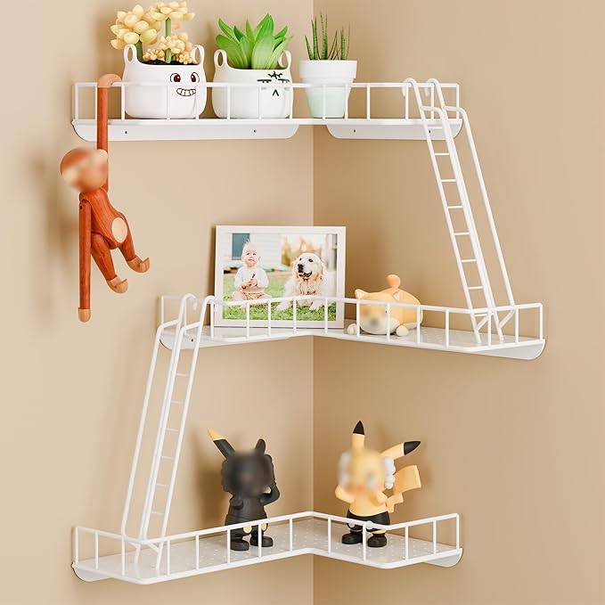 Fire Escape Wall Shelf - Modern City Style 3-Tier Corner Wall Shelves, Easy to Install Metal Ladder Shelf for Figures, New York Decorative Shelves for Bathroom, Living Room & Home Decor,White