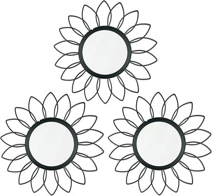 3 Pack Metal Mirrors for Wall Sunburst Wall Mirrors Home Décor Decorative Hanging Wall Art for Living Room Bedroom Entryway (Black, Flowers)