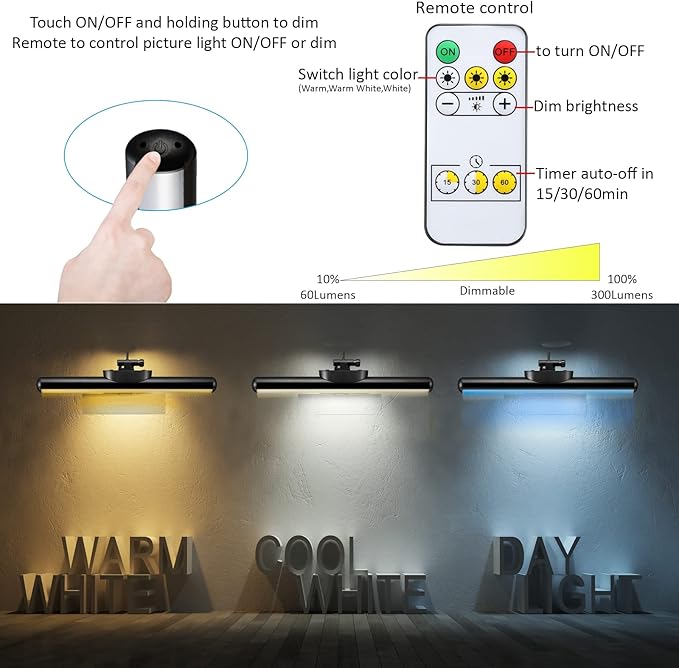 Wireless LED Picture Light with Remote, Rechargeable Battery Painting Light, Dartboard Light Metal Art Lights, 300LM Brightness Adjustable Highlight Display Lamp for Frame Portrait