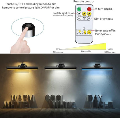 Wireless LED Picture Light with Remote, Rechargeable Battery Painting Light, Dartboard Light Metal Art Lights, 300LM Brightness Adjustable Highlight Display Lamp for Frame Portrait
