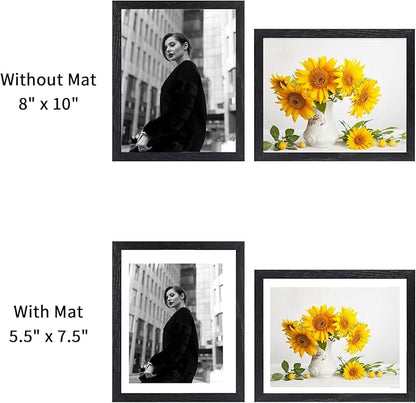 puthiac 8x10 Solid Oak Wood Picture Frame, Fits 6x8 with Mat or 8x10 Without Mat, Wall or Tabletop Display with Stand, Vertical or Horizontal, Plexi Front, 3 Pack, Black