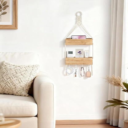 Mkono Macrame Hanging Shelf for Bedside Shelf Organizer with Hooks, Boho Wall Decor Cute Wood Floating Shelves for Girls Bedroom Dorm Nursery, Wall Storage for Phone, Remote, Earphone, Accessories