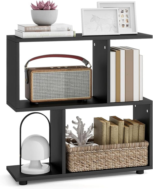 LOKO 3-Tier Geometric Bookshelf, S-Shaped Open Bookcase, Freestanding Decorative Storage Shelving, Home Storage Organizer for Living Room, Bedroom, Home Office (1, Black)