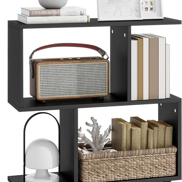 LOKO 3-Tier Geometric Bookshelf, S-Shaped Open Bookcase, Freestanding Decorative Storage Shelving, Home Storage Organizer for Living Room, Bedroom, Home Office (1, Black)