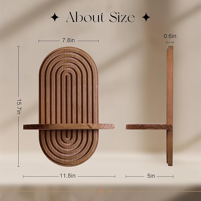 Set of 2 Boho Arched Floating Shelves 15.7”x 7.8”3D Wooden Hanging Shelf for Living Room Bedroom Nursery Mid Century Modern Wall Decor(Dark Brown, 11.7 * 15.7)