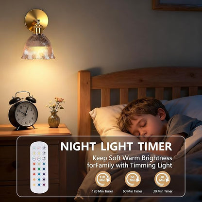 Vintage Battery Operated Wall Sconce with Amber Ripple Glass Lampshade Rechargeable Battery Powered Wall Light with Remote Control for Bedside Bedroom Bathroom, Set of 1