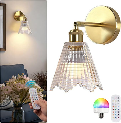 Vintage Battery Operated Wall Sconce with Transparent Crystal Grid Glass Lampshade Rechargeable Battery Powered Wall Light with Remote Control for Bedside Bedroom Bathroom, Set of 1