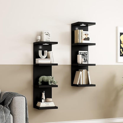 Versatile 4 Tier Wall Shelf Unit,Black Lack Wall Shelf,Display Floating Shelf with LED Remote Control Light